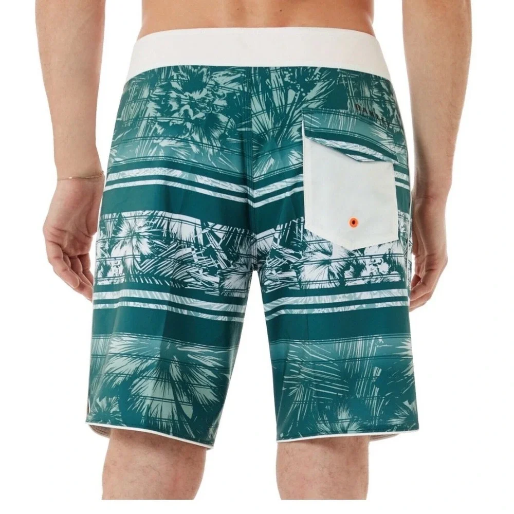 Oakley Mens Board Shorts Teal Green Tropical Palm Stripe Swim Trunks sz 36 Beach